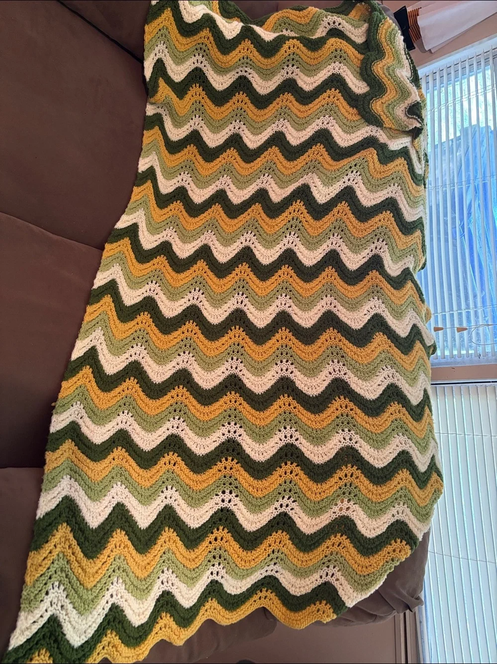 Handmade Chevron Crochet Blanket in Green, Yellow & Cream